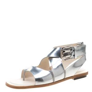 Pre Owned Tod's Metallic Silver Leather Flat Sandals Size 38.5