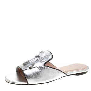 Pre Owned Tod's Limited Edition Metallic Silver Leather Crystal Embellished Bow Peep Toe Flat Slides Size 37.5