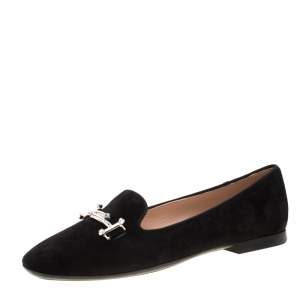 Pre Owned Tod's Black Suede Crystal Embellished Double T Smoking Slippers Size 37.5