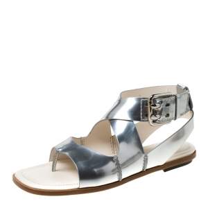 Pre Owned Tod's Metallic Silver Leather Cross Strap Flat Sandals Size 38.5