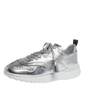 Pre Owned Tod's Metallic Sliver Perforated Leather Low Top Sneakers Size 39.5