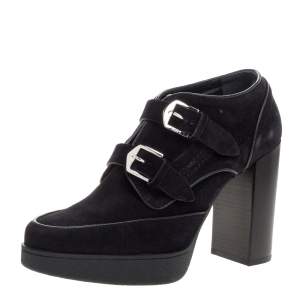 Pre Owned حذاء بوتيز للكاحل كعب عريض إبزيم جلد سويدي أسود مقاس 37.5