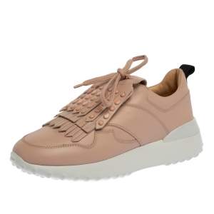 Pre Owned Tod's Pink Leather Studded Fringe Low Top Sneakers Size 36.5