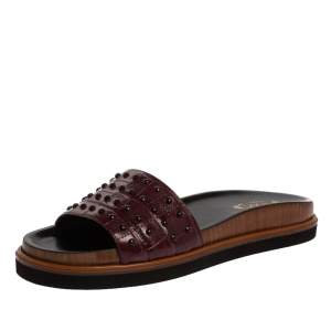 Pre Owned Tod's Burgundy Croc Embossed Leather Studded Flat Slides Size 38