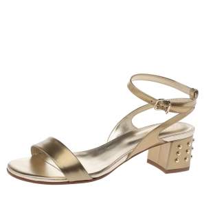 Tod's Metallic Gold Patent Leather Studded Block Heel Ankle Strap Sandals Size 37.5