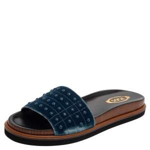 Tod's Blue Velvet Studded Flat Slides Size 40