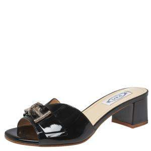 Tod's Black Patent Leather Double T Embellished Slide Sandals Size 36.5