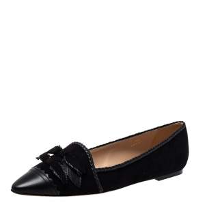 Tod's Black Suede And Leather Bow Embellished Pointed Toe Flats Size 39.5