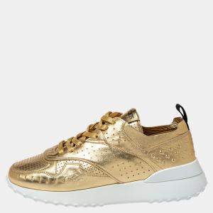 Pre Owned Tod's Metallic Gold Perforated Leather Sneakers Size 38.5