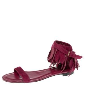 Pre Owned Tod's Deep Magenta Suede Leaves Fringe Ankle-Strap Flat Sandals Size 38.5