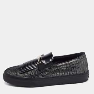 Pre Owned Tod's Black/Silver Laminated Suede Double T Fringe Slip-On Sneakers Size 40.5