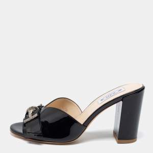 Pre Owned صندل سلايد تودز دوبل تي مزخرف جلد أسود لامع مقاس 38.5