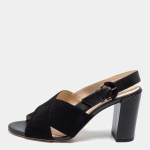 Tod's Black Suede And Leather Crisscross Block Heel Ankle Strap Sandals Size 38