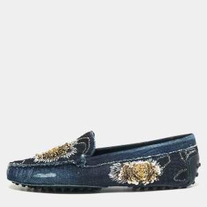 Tod's Blue Denim Sequin Embellished Slip On Loafers Size 37.5