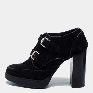 Tod's Black Suede Leather Buckle Detail Block Heel Booties Size 39