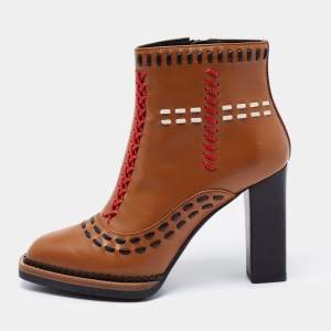 Pre Owned Tod's Brown Leather Gipsy Cross Stitch Detail Block Heel Ankle Boots Size 36