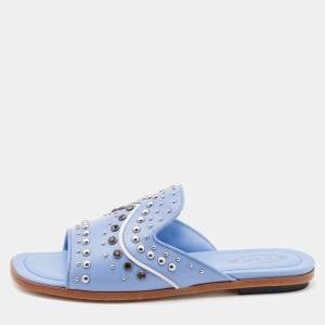 Tod's Light Blue Leather Studded Open Toe Flat Slide Sandals Size 37.5