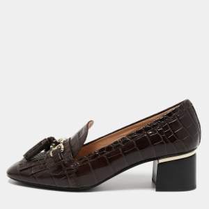 Tod's Brown Croc Embossed Leather Block Heel Loafer Pumps Size 40