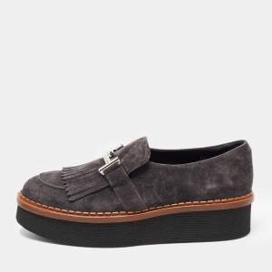 Pre Owned Tod's Grey Suede Fringes Double T  Platform Loafres Size 38