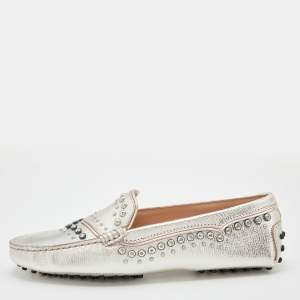 Pre Owned Tod's Silver Leather Studded Crystal Embellished Gommino Slip On Loafers Size 38.5