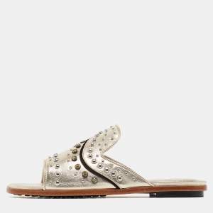 Tod's Metallic Gold Leather Studded Embellished Flat Slides Size 37.5