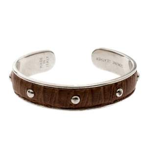 Tod's Brown Embossed Leather Silver Tone Studded Narrow Cuff