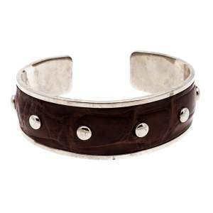 Tod's Dark Brown Embossed Leather Studded Silver Tone Narrow Cuff Bracelet