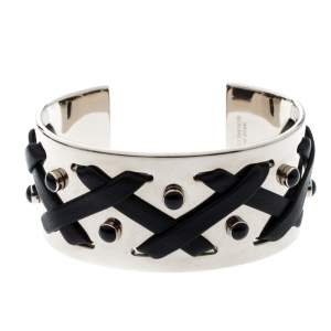 Tod's Black Leather Criss Cross Gold Tone Open Cuff Bracelet