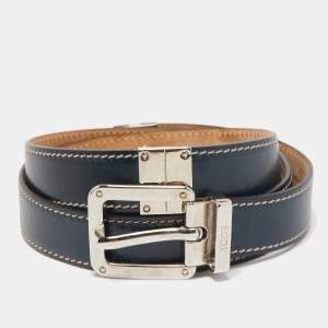 Tod's Dark Blue Leather Metal Detail Buckle Belt 90CM