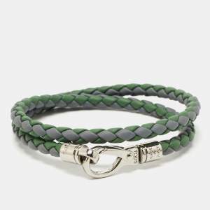 Tod's Two Tone Woven Leather Silver Tone Double Wrap Bracelet