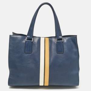 Tod's Navy Blue Leather Stripe Tote