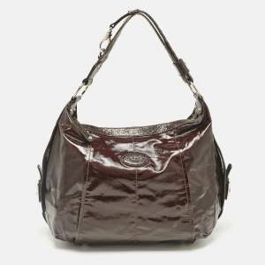 Tod's Dark Brown Coated Canvas and Crackled Patent Leather Side Buckle Hobo