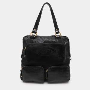 Tod's Black Calf Hair and Croc Embossed Leather D Bag