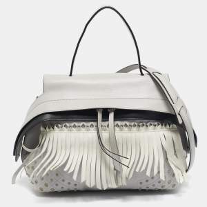 Tod's Light Grey/White Leather Origami Fringed Top Handle Bag