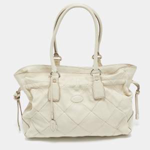 Tod's Off White Quilted Leather Drawstring Satchel