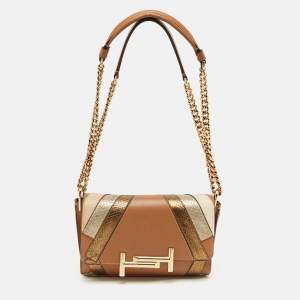 Pre Owned Tod's Brown/Multicolor Leather and Python Mini Double T Shoulder Bag