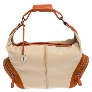 Tod's Beige/Orange Nylon and Leather Charlotte Hobo