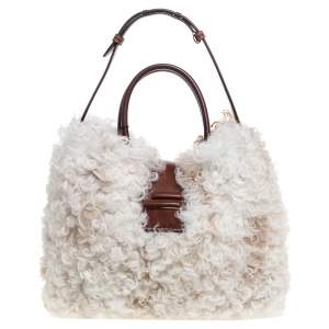 Tod's White Fur and Leather Double T Flap Tote