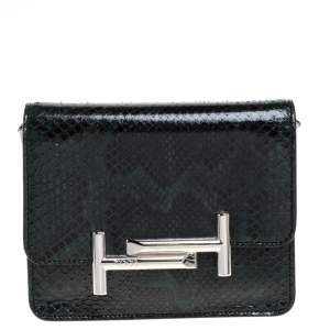 Tod's Dark Green Python Double T Flap Clutch 