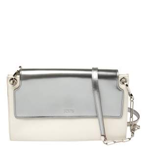 Tod's White/Silver Leather Flap Chain Clutch