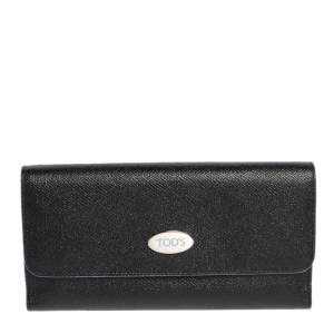 Pre Owned Tod's Black Leather Plaque Logo Continental Flap Wallet