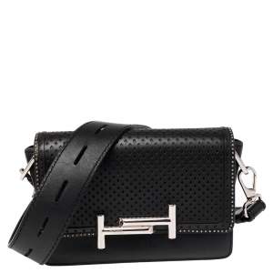Tod's Black Perforated Leather Double T Crossbody Bag