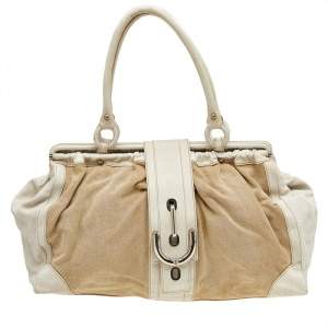 Tod's Beige/ Off White Leather And Canvas Satchel 