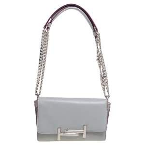 Pre Owned Tod's Grey Leather Mini Double T Shoulder Bag