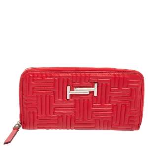 Tod's Red Leather Double T Zip Around Continental Wallet
