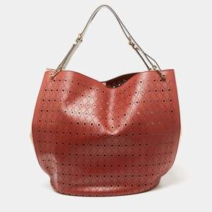 Tod's Red/White Laser Cut Leather Medium Flower Tote