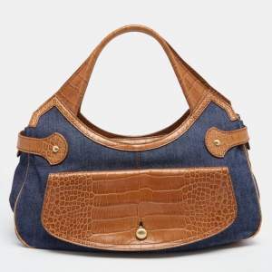 Tod's Blue/Brown Denim and Croc Embossed Leather Front Pocket Hobo