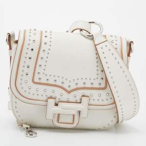 Tod's White Leather Studded Double T Saddle Bag