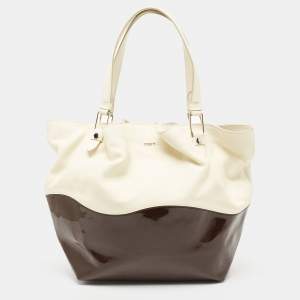 Tod's Cream/Brown Leather and Patent Leather Medium Flower Tote