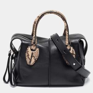 Tod's Black/Beige Leather And Python D-Styling Bauletto Satchel